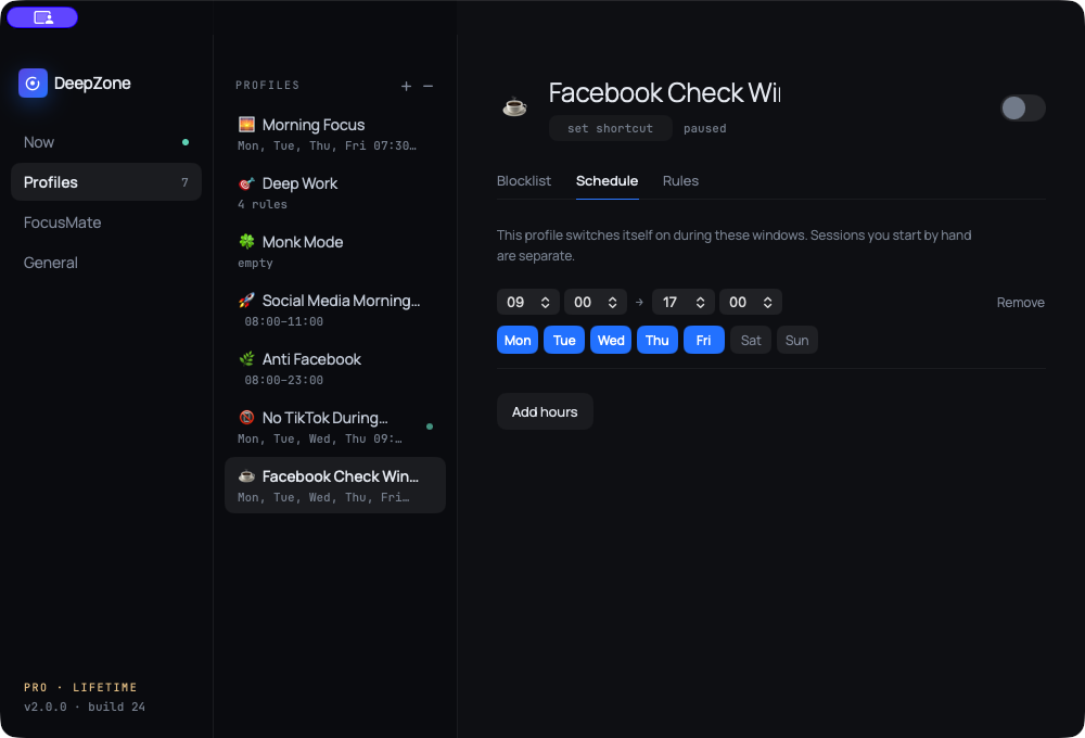 DeepZone schedule for Facebook Check Windows set to weekdays from 9 AM to 5 PM