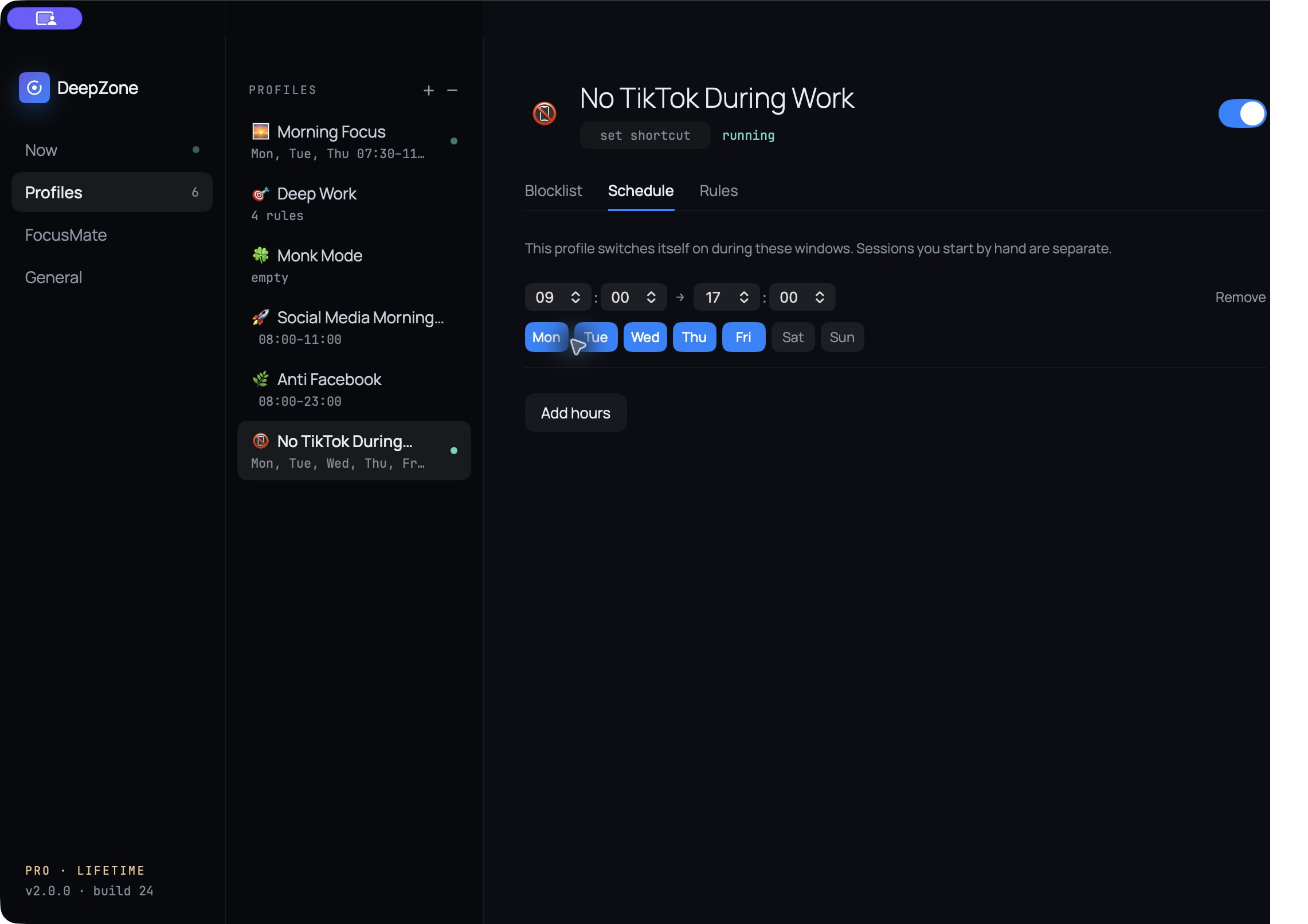DeepZone schedule for the No TikTok During Work profile set to weekdays from 9 AM to 5 PM