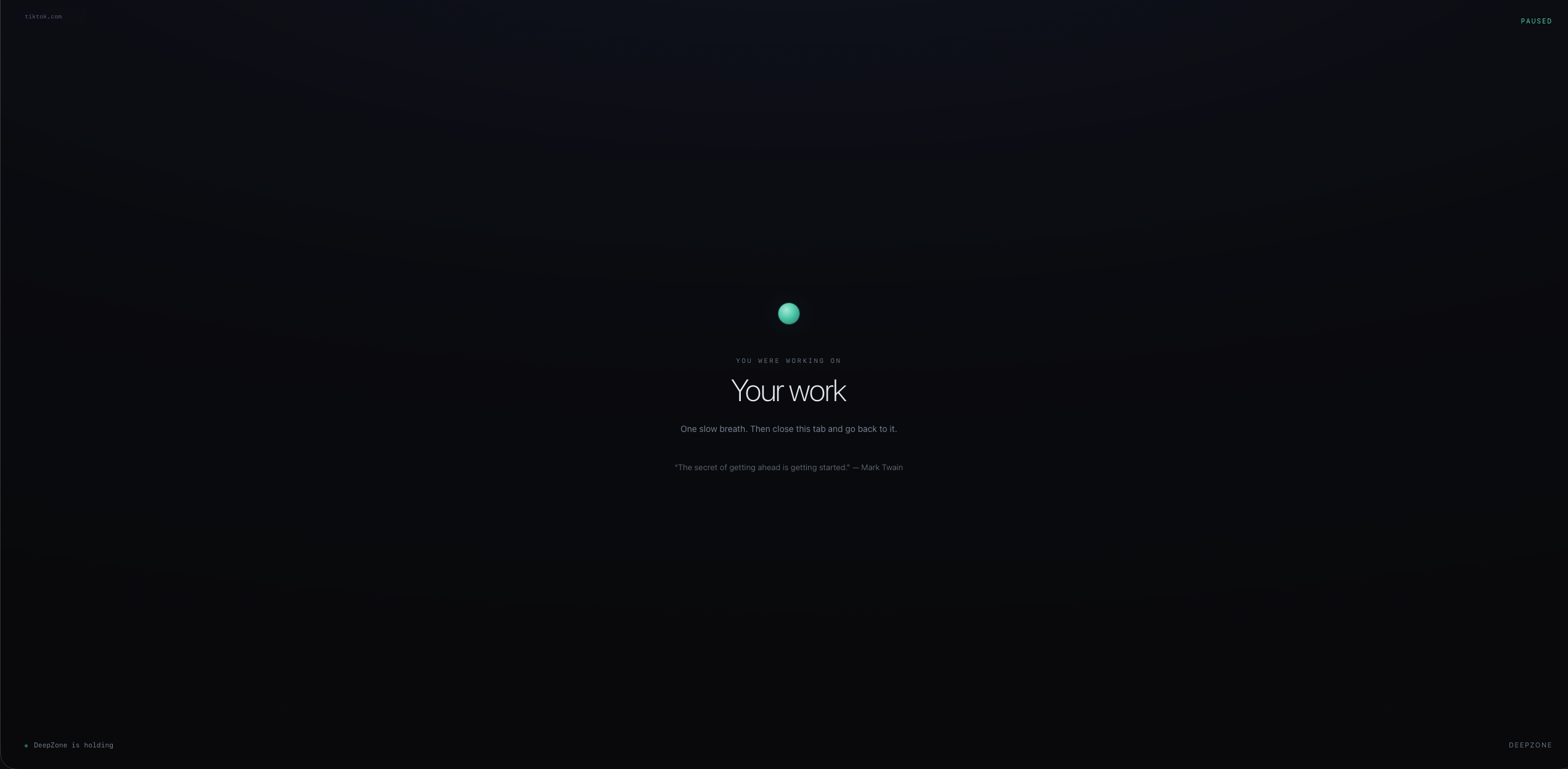 DeepZone interruption screen for tiktok.com with a reminder to return to your work