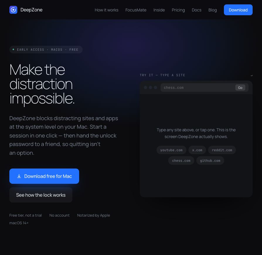 DeepZone website loading normally while the TikTok-only profile is active