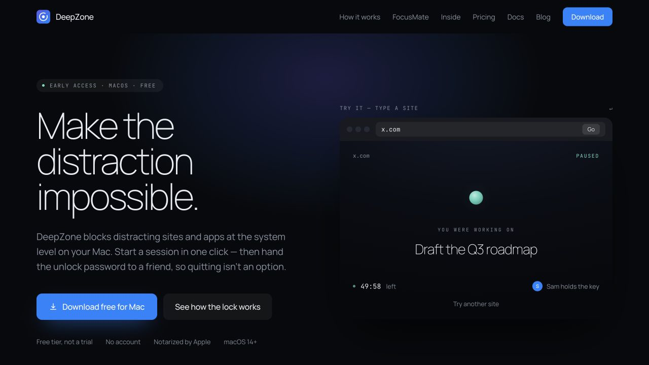 Official DeepZone product demo showing the interruption screen for x.com
