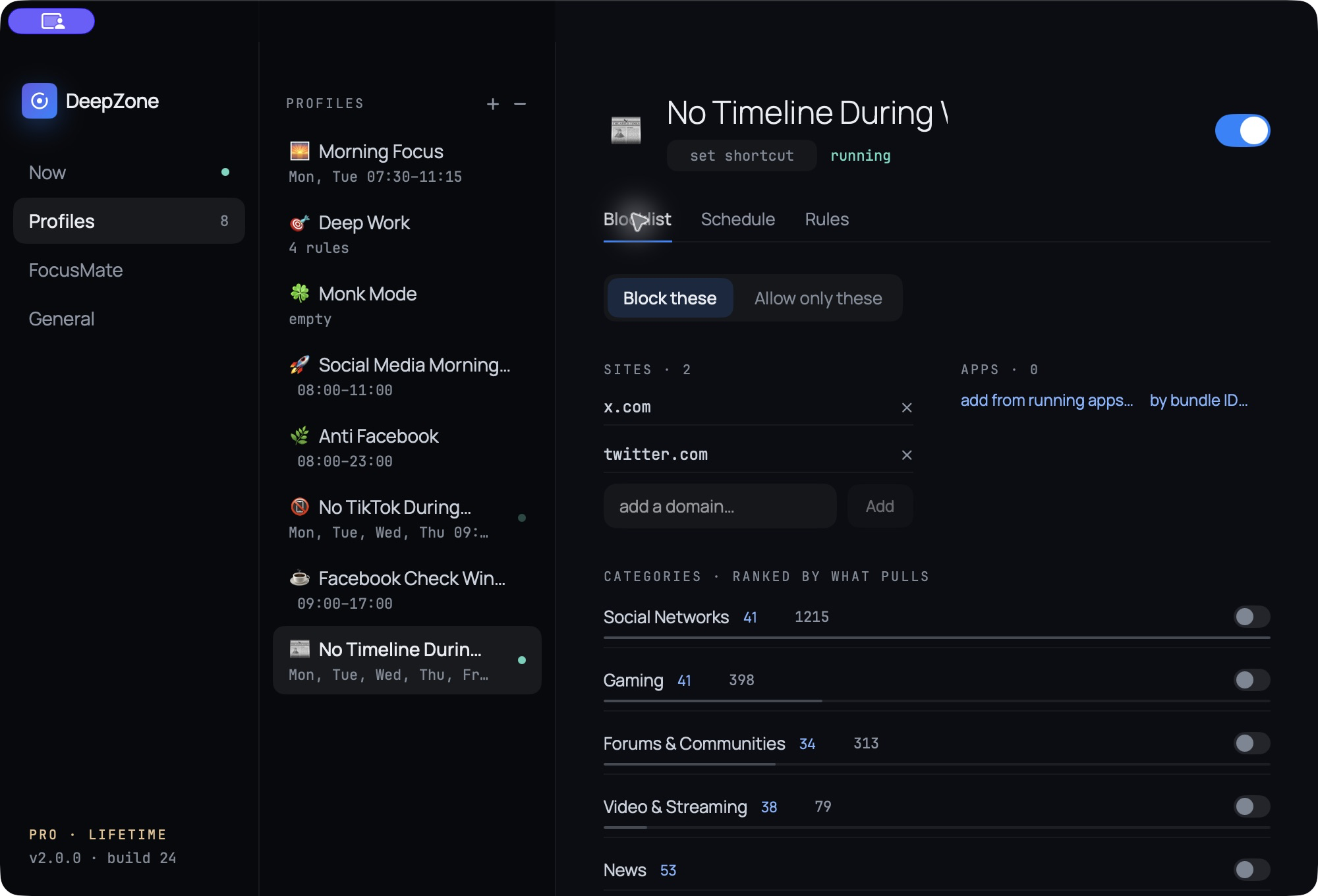 DeepZone profile named No Timeline During Work with x.com and twitter.com listed