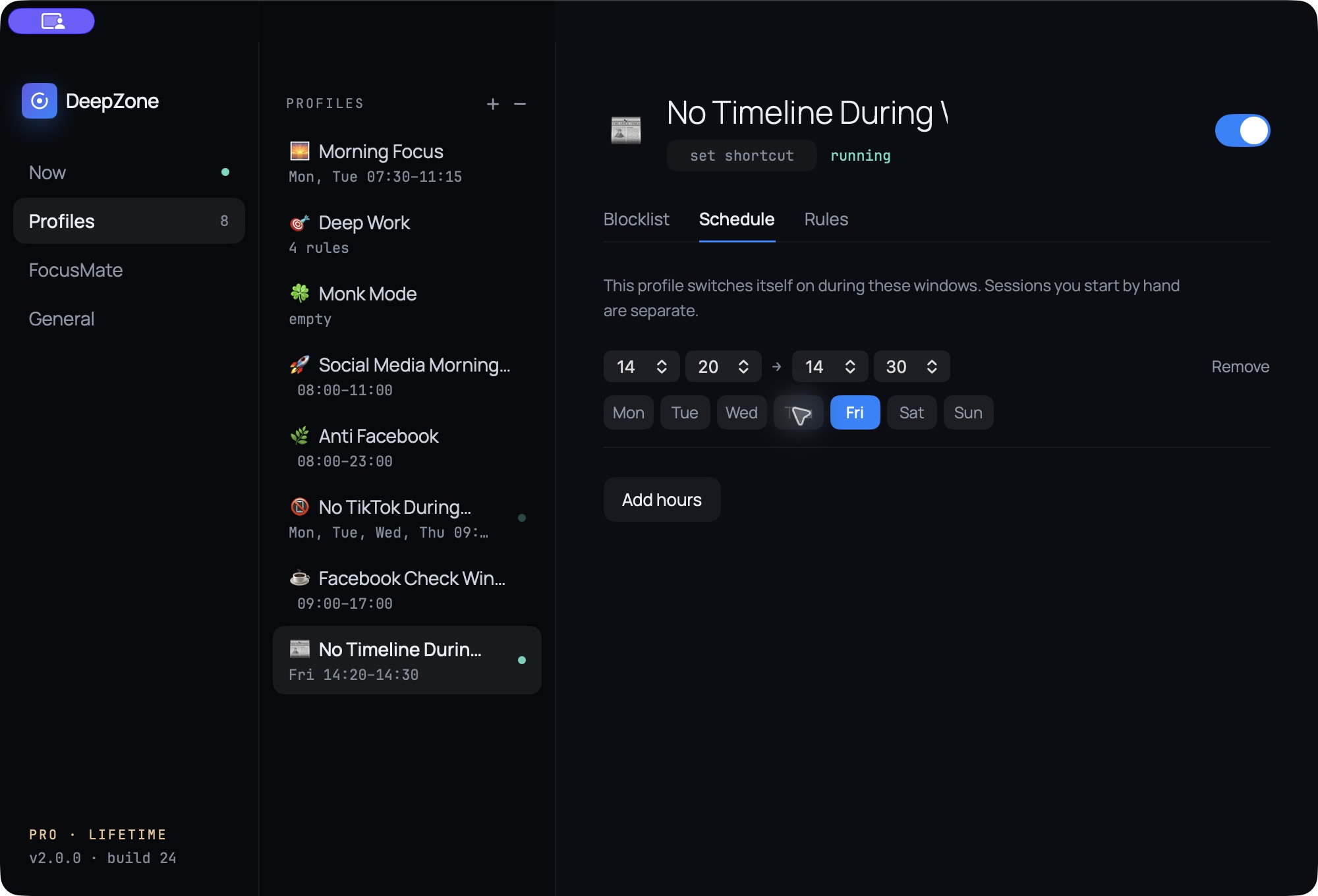 DeepZone schedule for No Timeline During Work set to Friday from 14:20 to 14:30 for a boundary test