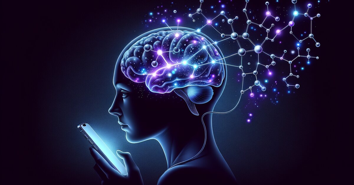 Illustration of a brain connected to a smartphone showing the neuroscience of phone addiction